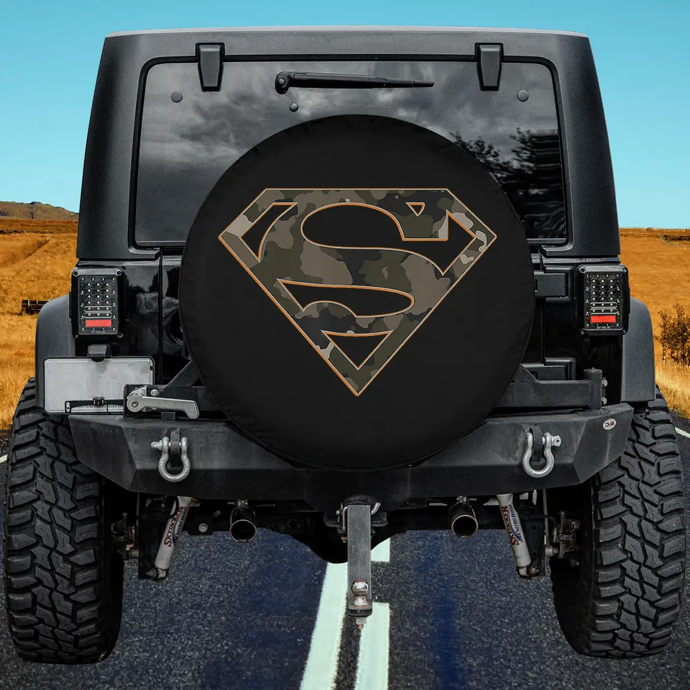 Camo orange outline Superman shield spare tire cover no camera hole for Ford Bronco Jeep SUV