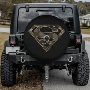 Camo orange outline Superman shield spare tire cover with camera hole for Ford Bronco Jeep SUV