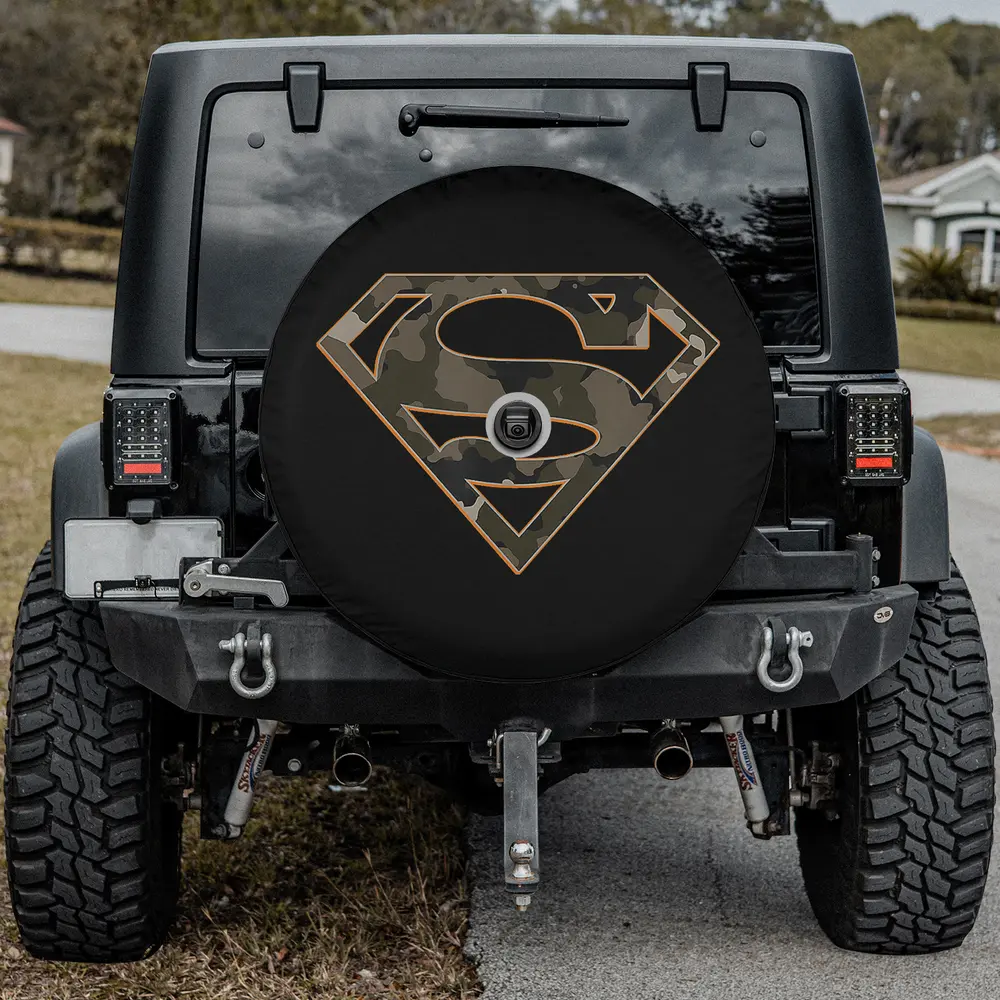 Camo orange outline Superman shield spare tire cover with camera hole for Ford Bronco Jeep SUV