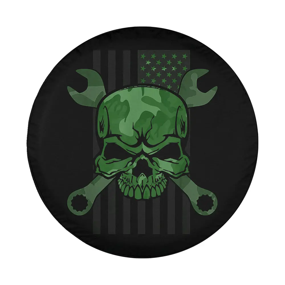 Army green camo skull crossed wrenches American flag tire cover design