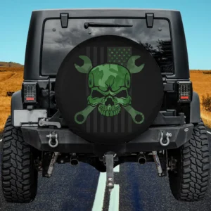 Camo skull with crossed wrenches and American flag spare tire cover for Jeep