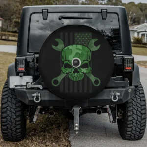 Camo skull crossed wrenches American flag spare tire cover with backup camera hole