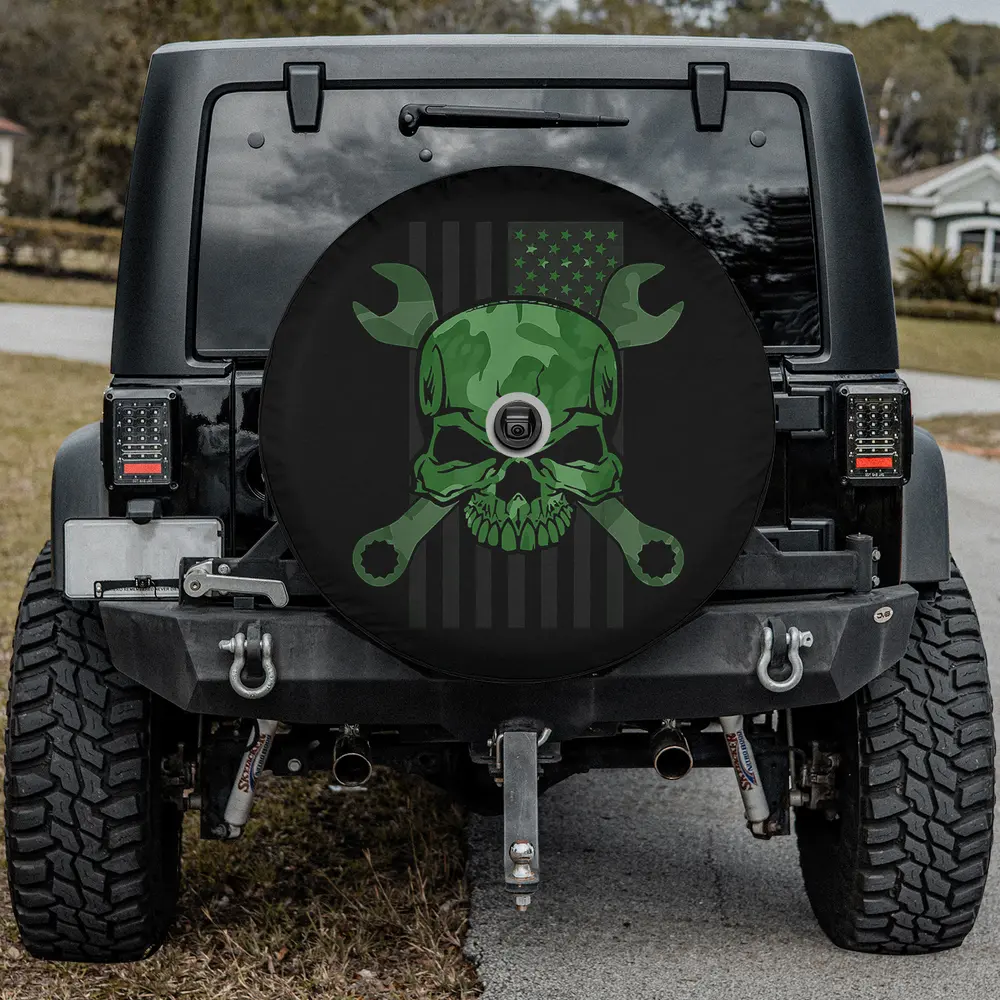 Camo skull crossed wrenches American flag spare tire cover with backup camera hole