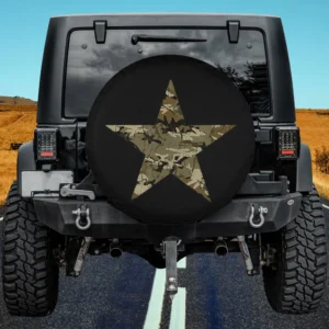 camo star military graphic rv spare tire cover on black Jeep back