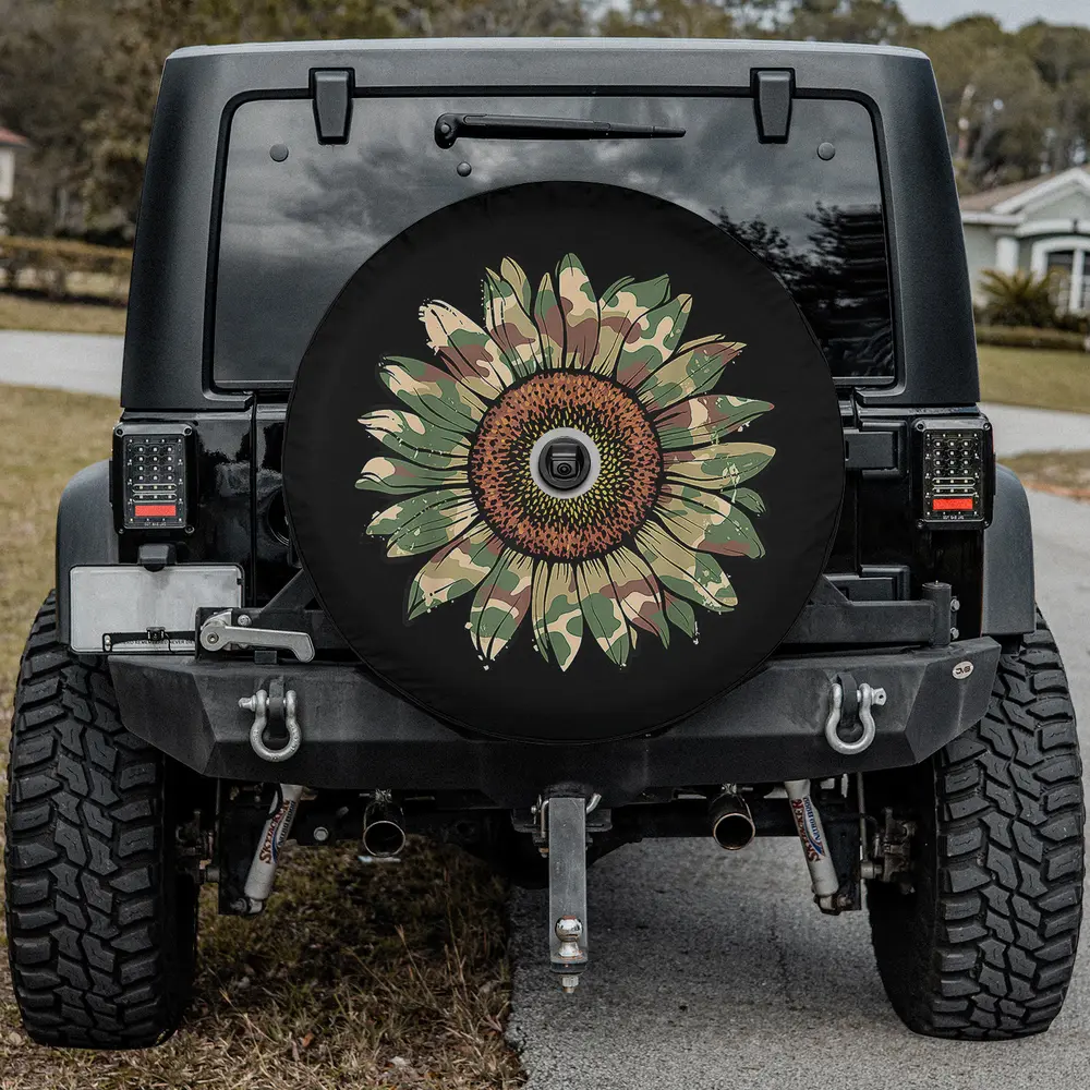 Camo sunflower camouflage nature lover spare tire cover with camera hole for Jeep or RV