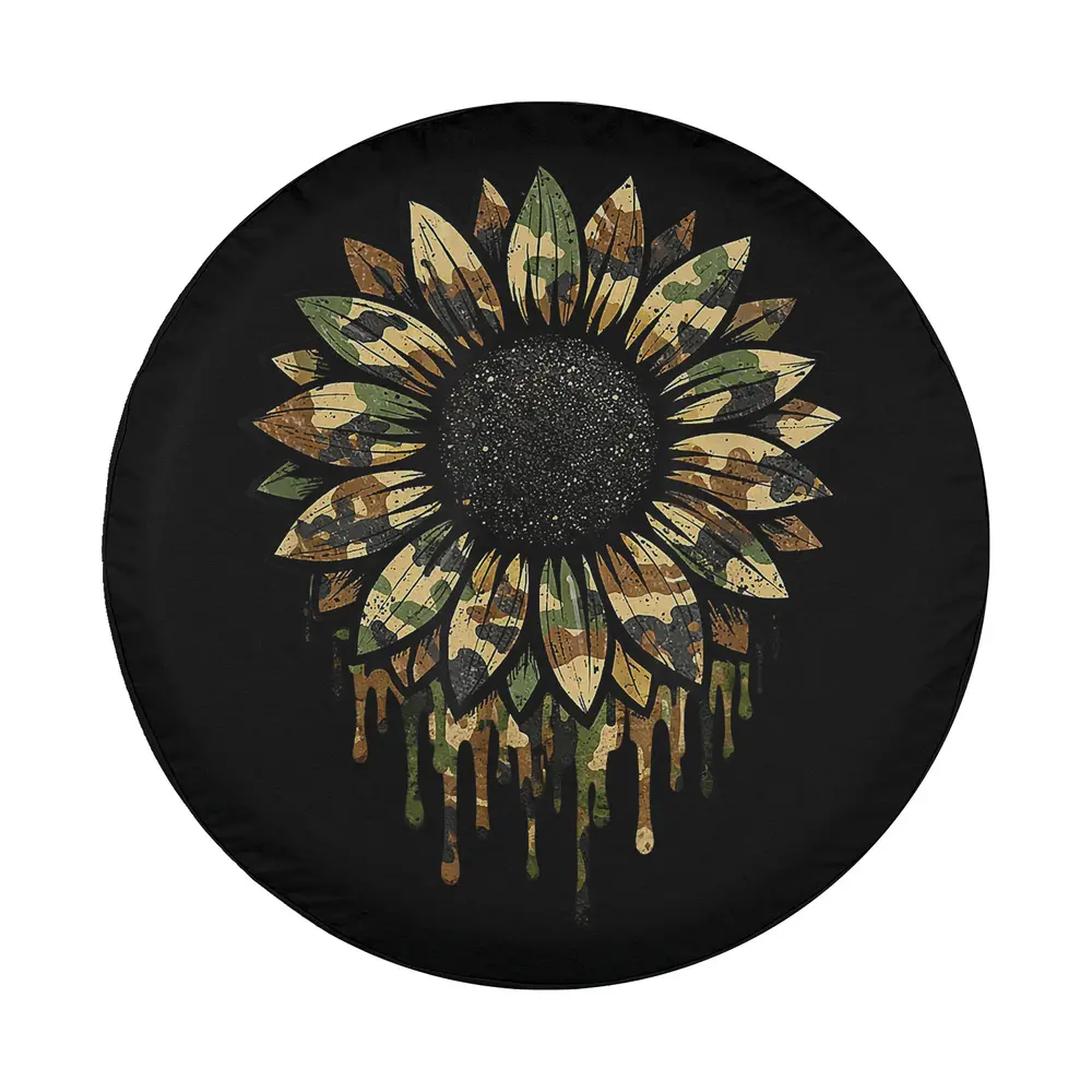 Camo sunflower dripping petals hunting design for spare tire cover, RV, Jeep, SUV, trailer