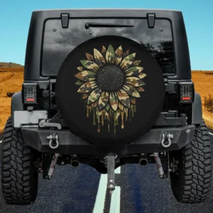 Camo sunflower dripping petals hunting spare tire cover with no camera hole for RV, Jeep, SUV