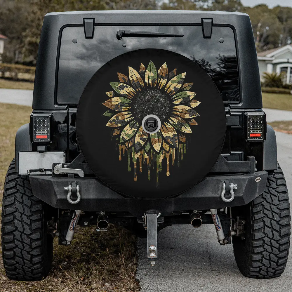 Camo sunflower dripping petals hunting spare tire cover with camera hole for Jeep Wrangler, Bronco, RV