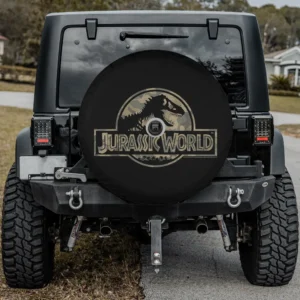 Camo T-Rex fossil Jurassic World spare tire cover with backup camera hole for trailers