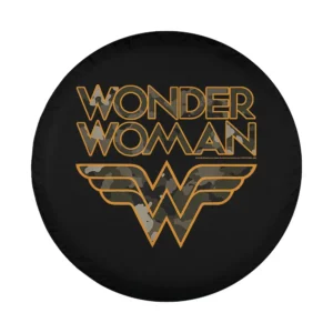 Camo Wonder Woman logo with orange outline spare tire cover design for travel trailers