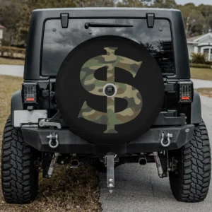 Camouflage dollar sign graphic spare tire cover for Jeep with camera hole option