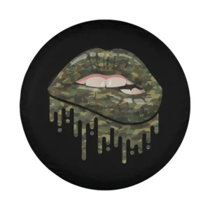 Camouflage dripping lips biting mouth design for spare tire cover closeup