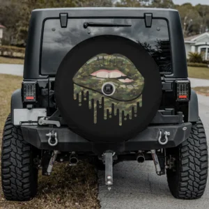 Camouflage dripping lips biting mouth spare tire cover with camera hole for camper, Jeep, SUV