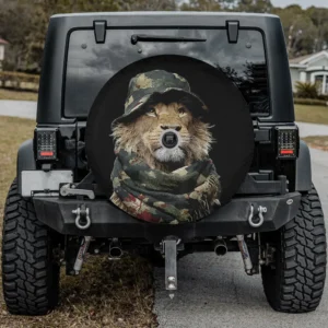 Lion with camouflage hat and scarf animal hunter spare tire cover with camera hole