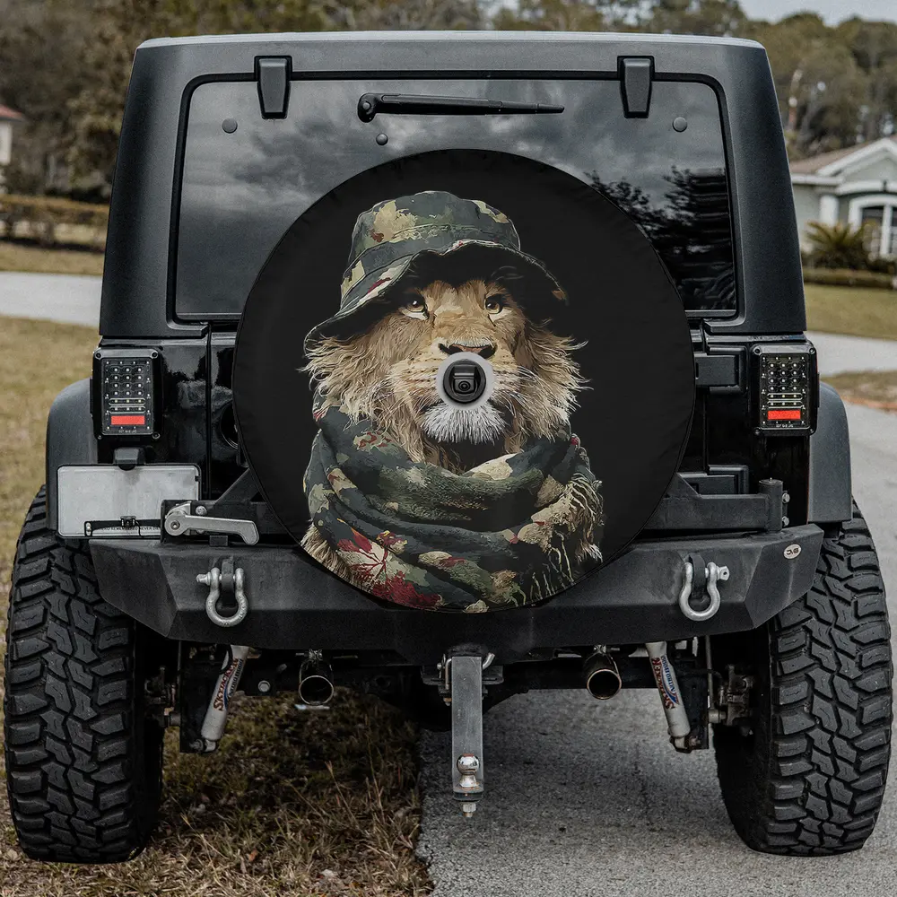 Lion with camouflage hat and scarf animal hunter spare tire cover with camera hole