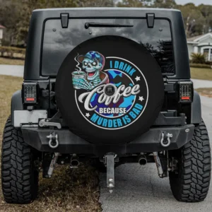 Ford Bronco Sport spare tire cover with skeleton in camo hat and coffee, backup camera hole