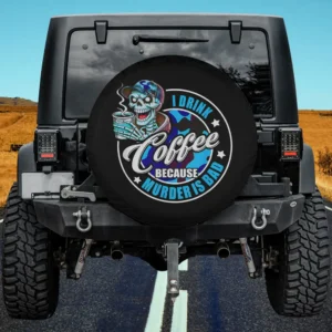Camouflage hat skeleton coffee humor spare tire cover for Ford Bronco Sport with blue camo and coffee mug