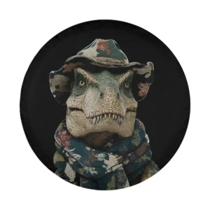 Design of camouflage hat T-rex camo dinosaur hunter spare tire cover closeup