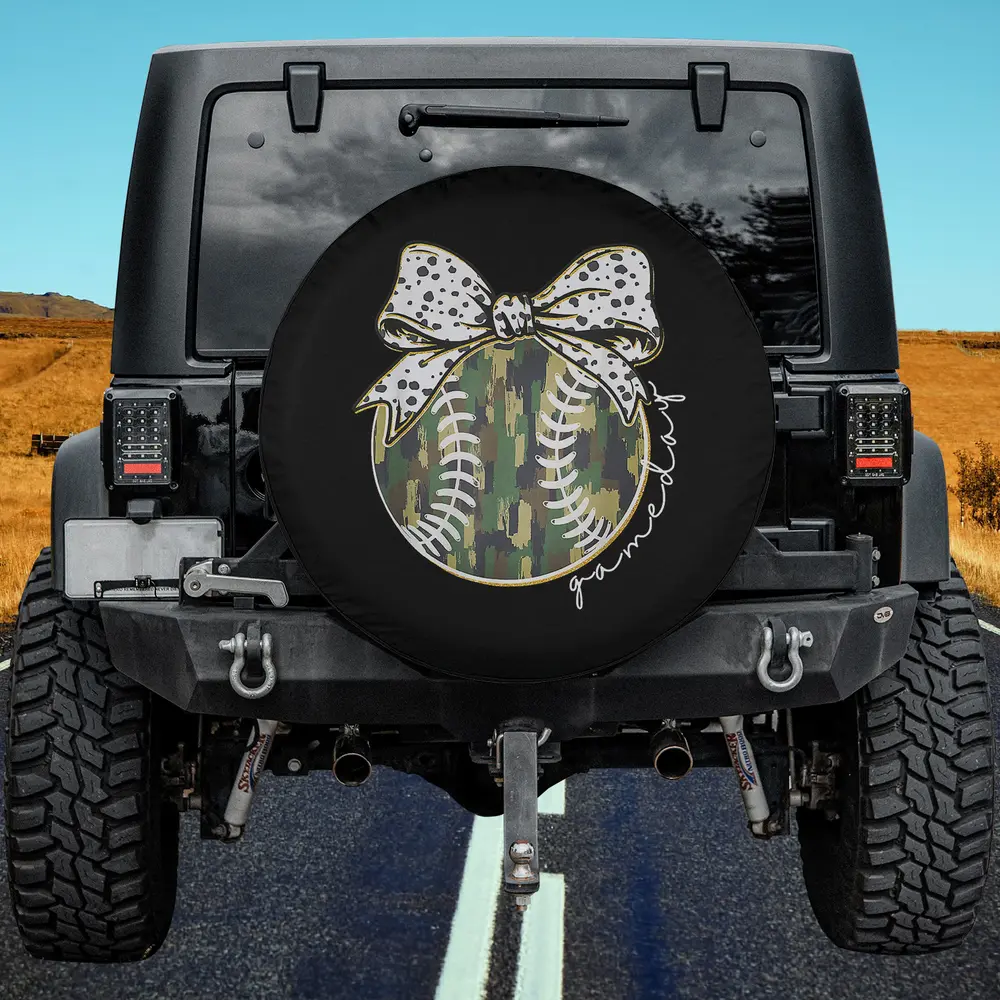 Camouflage Polka Dot Bow Baseball Game Day Spare Tire Cover No Camera Hole
