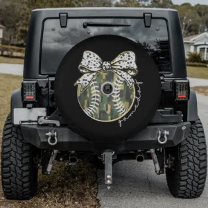 Baseball game day spare tire cover with camouflage and polka dot bow for backup camera