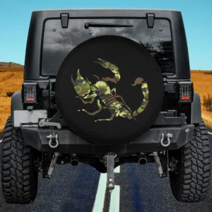 Camouflage scorpion graphic black spare tire cover for Jeep, SUV, RV, no camera hole