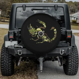 Camouflage scorpion graphic black spare tire cover for Jeep, SUV, RV, with camera hole