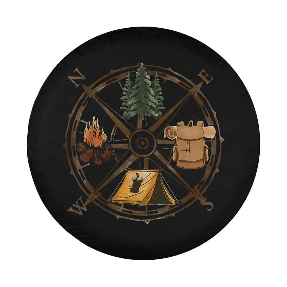 Camping compass pine tree backpack campfire illustrated design for spare tire cover