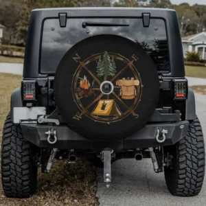 Camping compass pine tree backpack campfire spare tire cover with camera hole for Jeep Gladiator