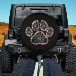 Halloween dog spare tire cover with candy, ghost, paw print and spiderweb design
