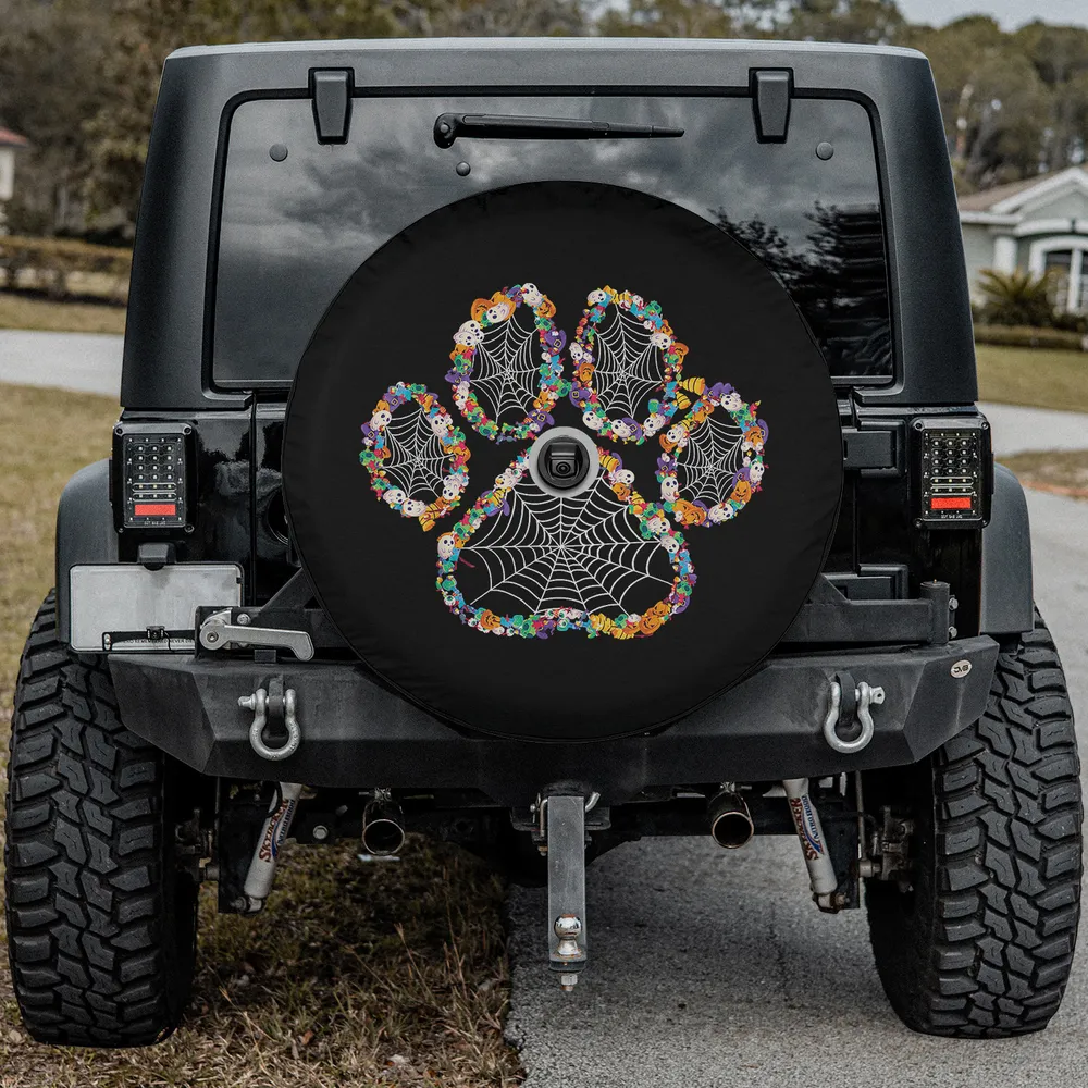 spare tire cover for Jeep with candy ghost paw print Halloween dog and camera hole