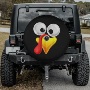 Cartoon big eyes yellow beak turkey face spare tire cover with camera hole for Thanksgiving