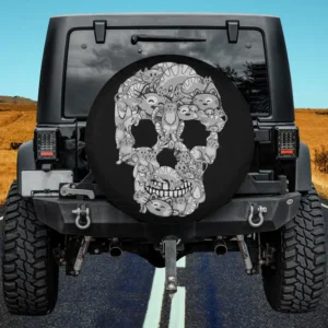 Cartoon cat skull illustration Halloween spare tire cover on Jeep with no camera hole