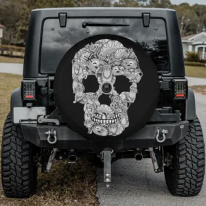 Cartoon cat skull illustration Halloween spare tire cover with camera hole for Jeep SUV RV