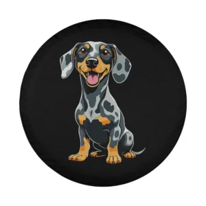 Cartoon dapple dachshund smiling dog lovers tire cover design illustration