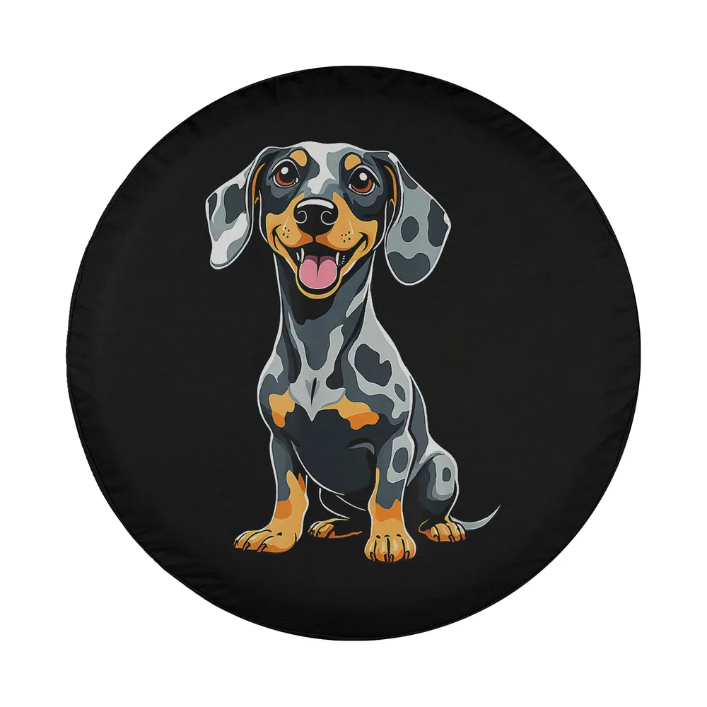 Cartoon dapple dachshund smiling dog lovers tire cover design illustration