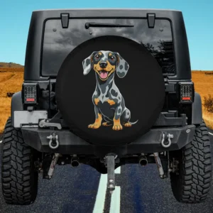 Cartoon dapple dachshund smiling dog lovers spare tire cover with no camera hole