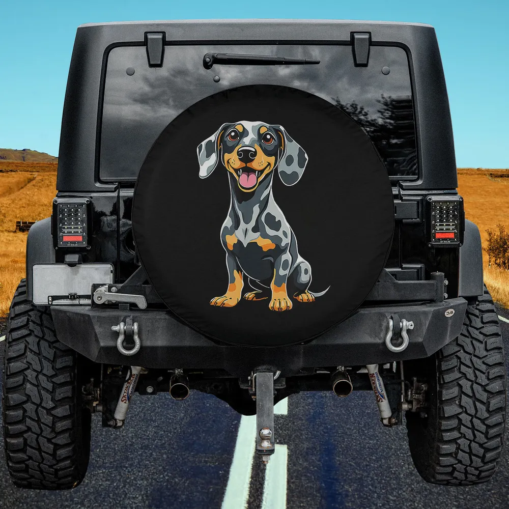 Cartoon dapple dachshund smiling dog lovers spare tire cover with no camera hole