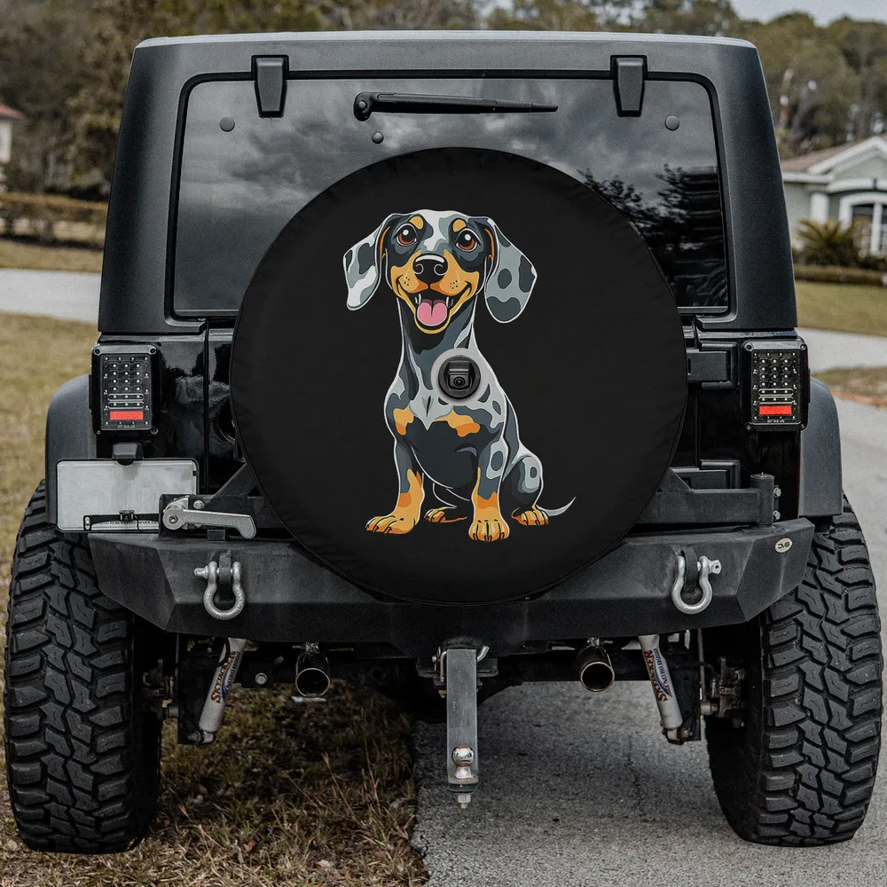Cartoon dapple dachshund smiling dog lovers spare tire cover with camera hole option