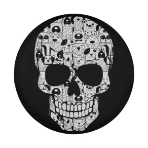 closeup of cartoon dog faces forming skull on halloween spare tire cover