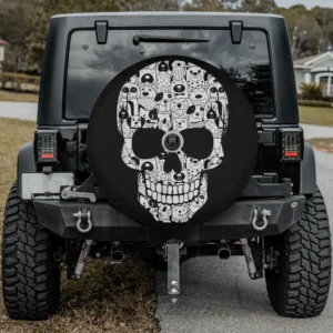 cartoon dog faces skull halloween spare tire cover with backup camera hole for SUV
