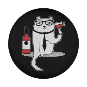 Cartoon cat with glasses and wine bottle design for spare tire cover