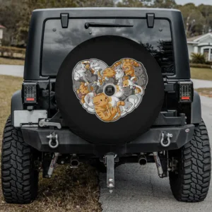 cartoon heart cluster cats valentines day spare tire cover with backup camera hole for Jeep SUV RV