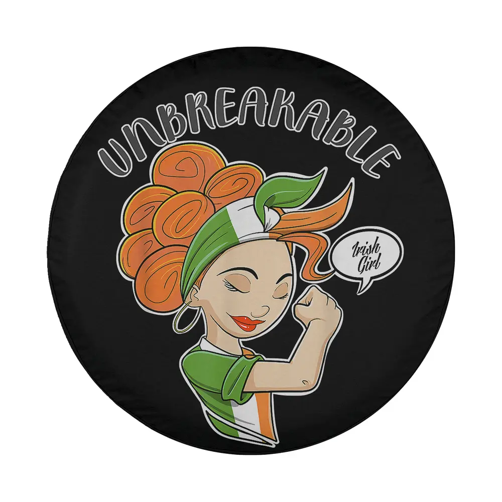 Cartoon Irish girl headscarf unbreakable design for St. Patrick's Day spare tire cover