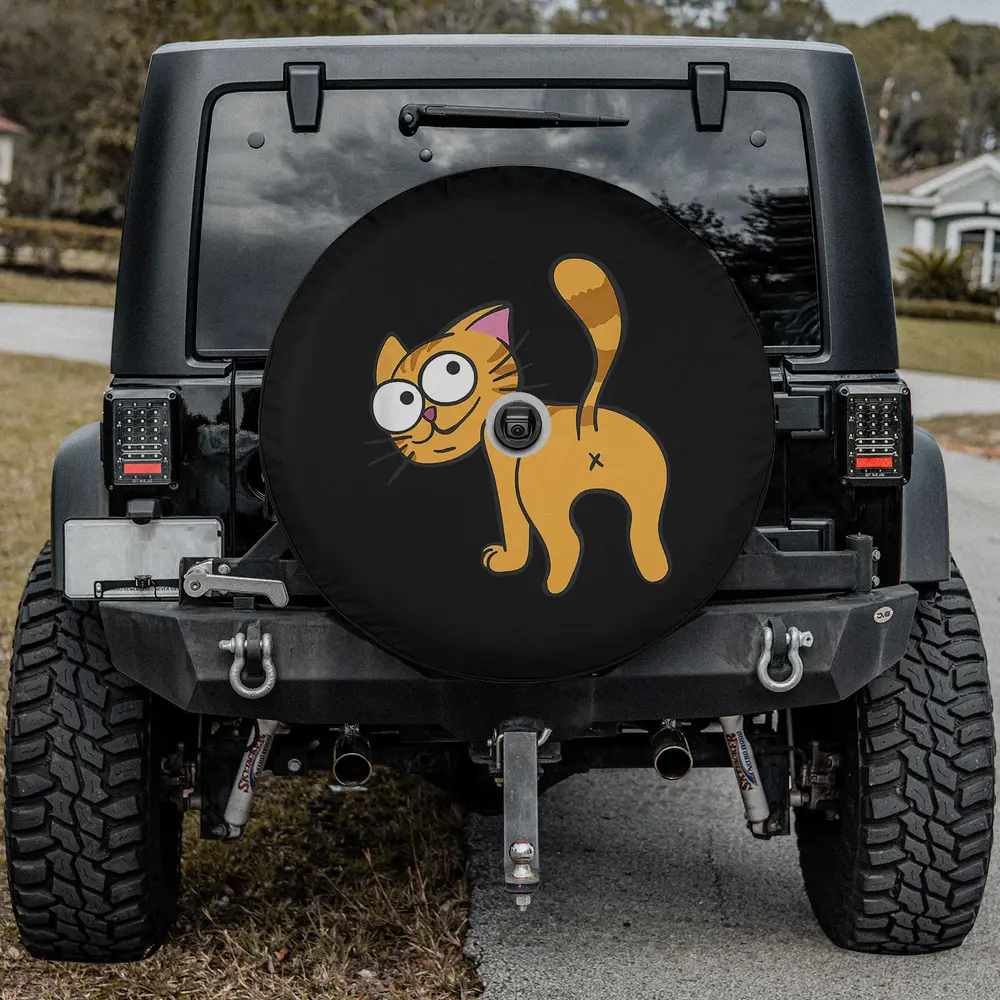Cartoon orange kitten with raised tail cat butt spare tire cover with camera hole