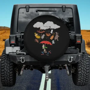 Cartoon raining cats and dogs with umbrella spare tire cover for Jeep SUV RV, no camera hole