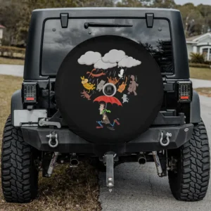 Cartoon raining cats and dogs with umbrella spare tire cover for Jeep SUV RV, with camera hole