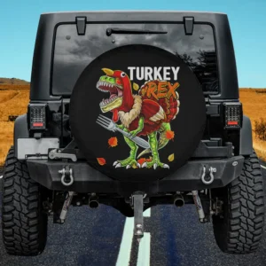 Cartoon T Rex dressed as turkey holding fork Thanksgiving spare tire cover no camera hole