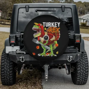 Cartoon T Rex turkey fork design Thanksgiving spare tire cover with backup camera hole