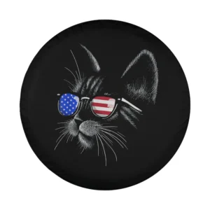 Sketch cat face with American flag sunglasses July 4th tire cover design