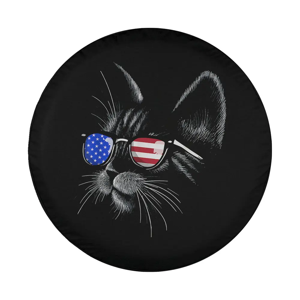 Sketch cat face with American flag sunglasses July 4th tire cover design